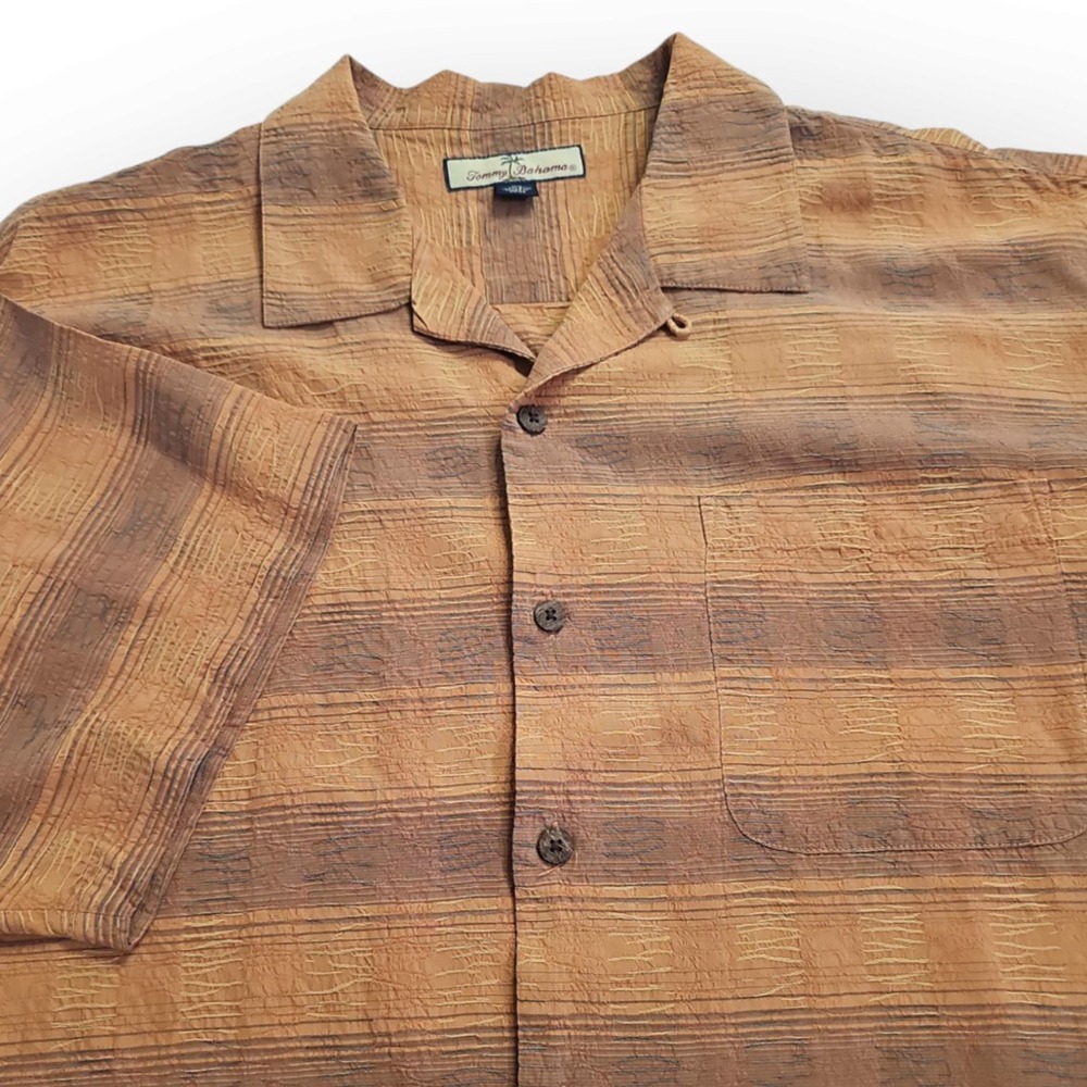 Tommy Bahama Mens XL Orange/Brown Jaquard Weave Striped Shirt 100%‎ Silk